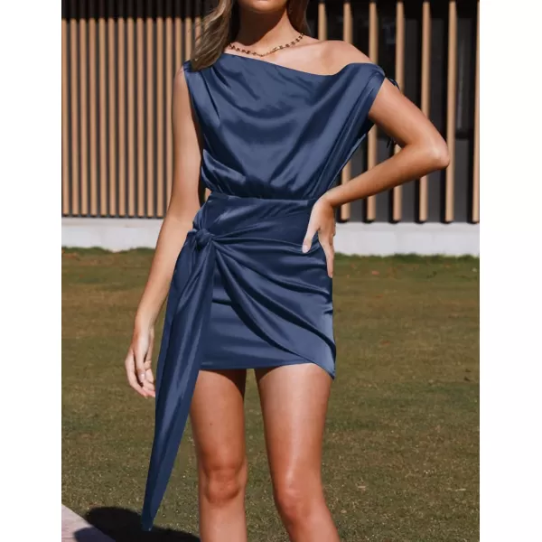 imageZESICA Womens 2023 Sexy Satin One Shoulder Sleeveless Ruched Tie Waist Wrap Bodycon Cocktail Party Mini DressNavy