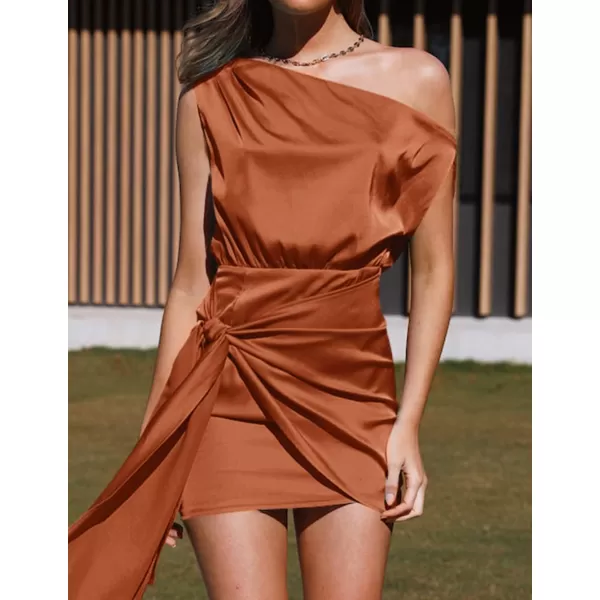 imageZESICA Womens 2023 Sexy Satin One Shoulder Sleeveless Ruched Tie Waist Wrap Bodycon Cocktail Party Mini DressOrangered