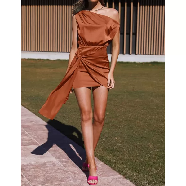 imageZESICA Womens 2023 Sexy Satin One Shoulder Sleeveless Ruched Tie Waist Wrap Bodycon Cocktail Party Mini DressOrangered