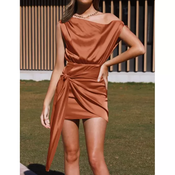 imageZESICA Womens 2023 Sexy Satin One Shoulder Sleeveless Ruched Tie Waist Wrap Bodycon Cocktail Party Mini DressOrangered