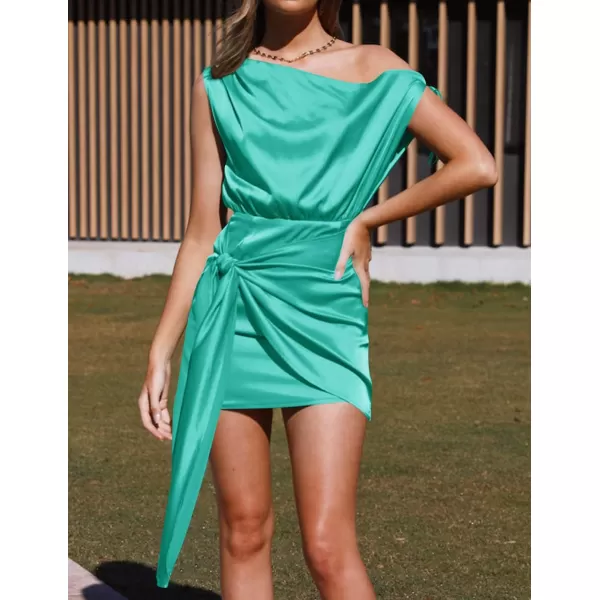 imageZESICA Womens 2023 Sexy Satin One Shoulder Sleeveless Ruched Tie Waist Wrap Bodycon Cocktail Party Mini DressPeacock