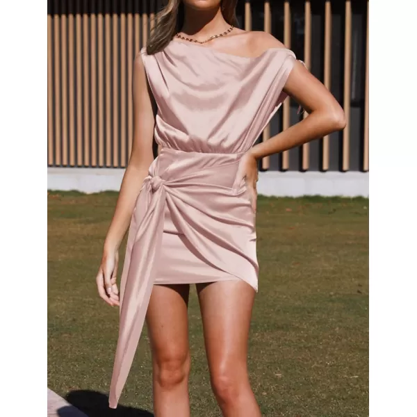 imageZESICA Womens 2023 Sexy Satin One Shoulder Sleeveless Ruched Tie Waist Wrap Bodycon Cocktail Party Mini DressPink