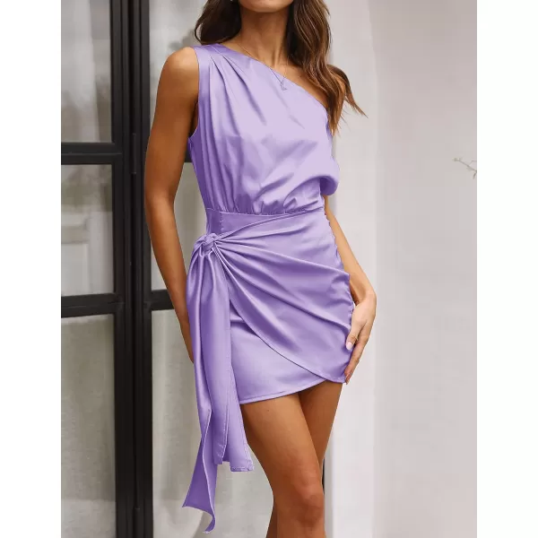 imageZESICA Womens 2023 Sexy Satin One Shoulder Sleeveless Ruched Tie Waist Wrap Bodycon Cocktail Party Mini DressPurple