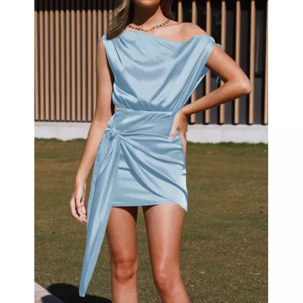 imageZESICA Womens 2023 Sexy Satin One Shoulder Sleeveless Ruched Tie Waist Wrap Bodycon Cocktail Party Mini DressSkyblue