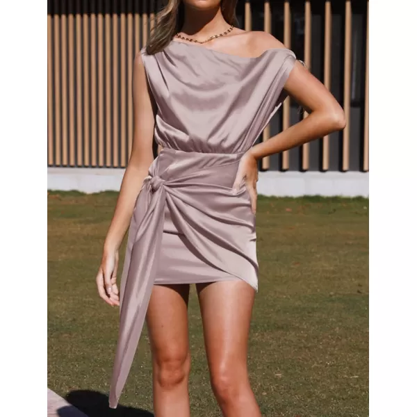 imageZESICA Womens 2023 Sexy Satin One Shoulder Sleeveless Ruched Tie Waist Wrap Bodycon Cocktail Party Mini DressTaro
