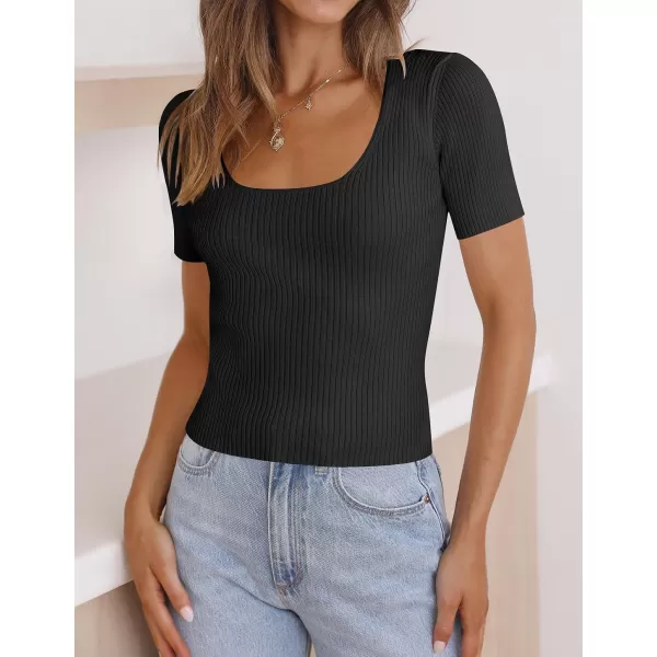 imageZESICA Womens 2023 Short Sleeve Square Neck T Shirts Slim Fitted Summer Ribbed Knit Basic Casual Tee TopsBlack