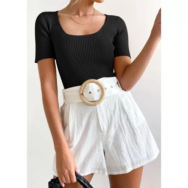 imageZESICA Womens 2023 Short Sleeve Square Neck T Shirts Slim Fitted Summer Ribbed Knit Basic Casual Tee TopsBlack
