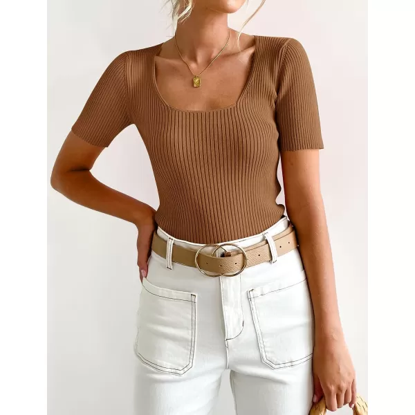 imageZESICA Womens 2023 Short Sleeve Square Neck T Shirts Slim Fitted Summer Ribbed Knit Basic Casual Tee TopsBrown
