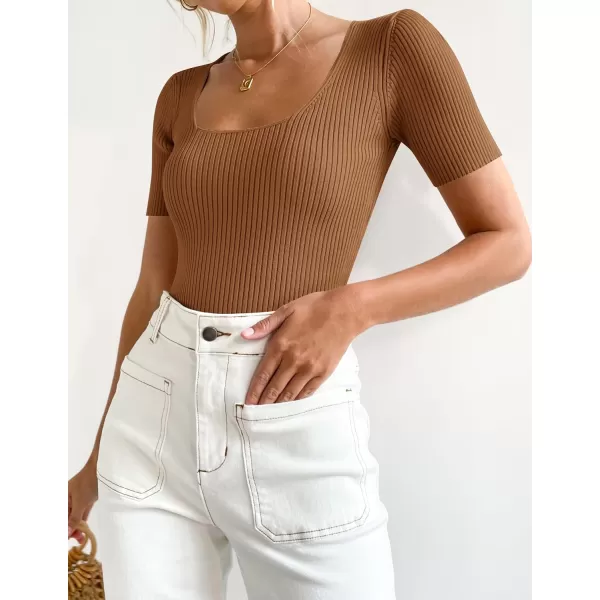 imageZESICA Womens 2023 Short Sleeve Square Neck T Shirts Slim Fitted Summer Ribbed Knit Basic Casual Tee TopsBrown