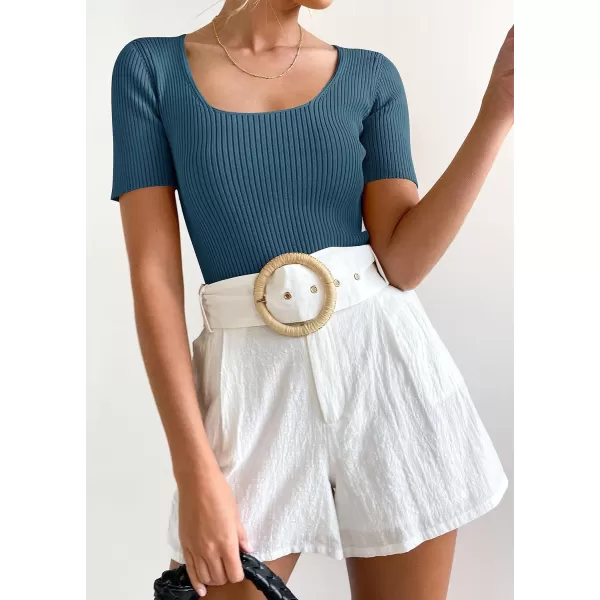 imageZESICA Womens 2023 Short Sleeve Square Neck T Shirts Slim Fitted Summer Ribbed Knit Basic Casual Tee TopsDarkblue