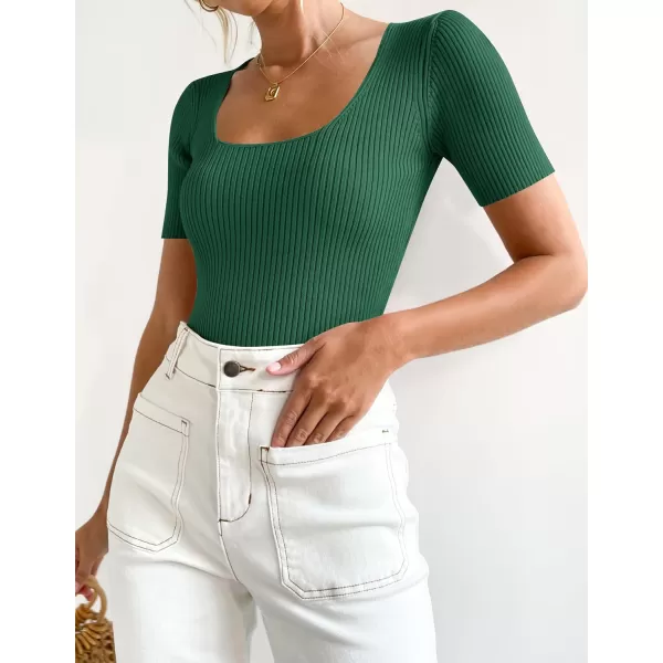 imageZESICA Womens 2023 Short Sleeve Square Neck T Shirts Slim Fitted Summer Ribbed Knit Basic Casual Tee TopsDarkgreen