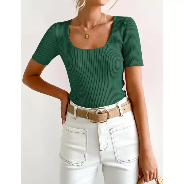 imageZESICA Womens 2023 Short Sleeve Square Neck T Shirts Slim Fitted Summer Ribbed Knit Basic Casual Tee TopsDarkgreen