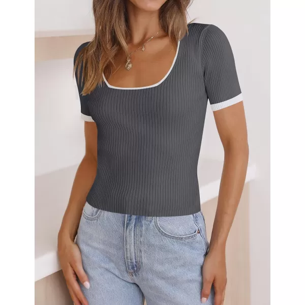 imageZESICA Womens 2023 Short Sleeve Square Neck T Shirts Slim Fitted Summer Ribbed Knit Basic Casual Tee TopsDarkgrey