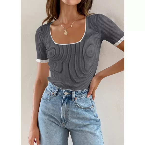 imageZESICA Womens 2023 Short Sleeve Square Neck T Shirts Slim Fitted Summer Ribbed Knit Basic Casual Tee TopsDarkgrey