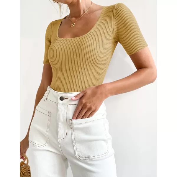 imageZESICA Womens 2023 Short Sleeve Square Neck T Shirts Slim Fitted Summer Ribbed Knit Basic Casual Tee TopsGinger