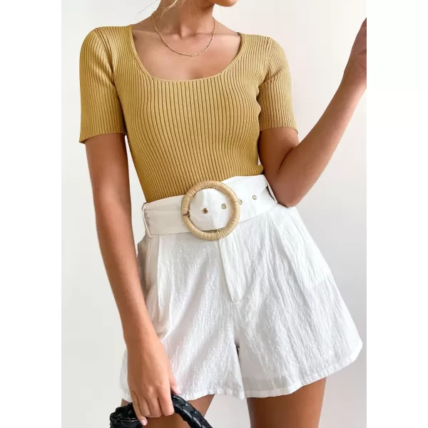 imageZESICA Womens 2023 Short Sleeve Square Neck T Shirts Slim Fitted Summer Ribbed Knit Basic Casual Tee TopsGinger