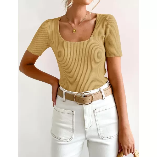 imageZESICA Womens 2023 Short Sleeve Square Neck T Shirts Slim Fitted Summer Ribbed Knit Basic Casual Tee TopsGinger