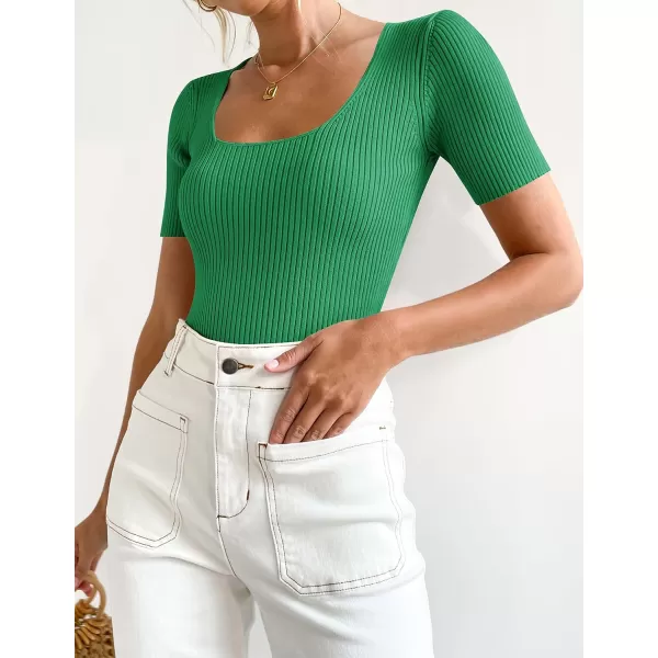 imageZESICA Womens 2023 Short Sleeve Square Neck T Shirts Slim Fitted Summer Ribbed Knit Basic Casual Tee TopsGreen