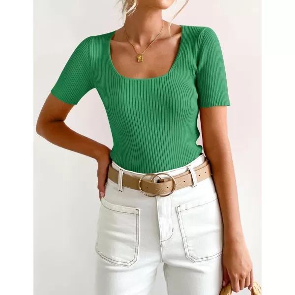 imageZESICA Womens 2023 Short Sleeve Square Neck T Shirts Slim Fitted Summer Ribbed Knit Basic Casual Tee TopsGreen