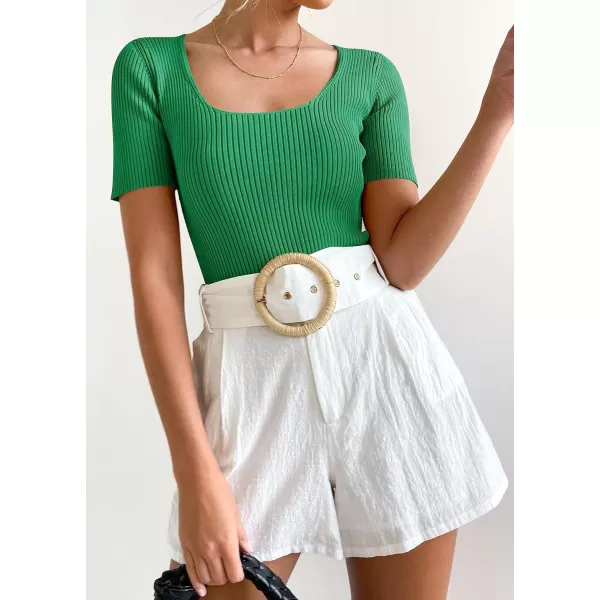 imageZESICA Womens 2023 Short Sleeve Square Neck T Shirts Slim Fitted Summer Ribbed Knit Basic Casual Tee TopsGreen
