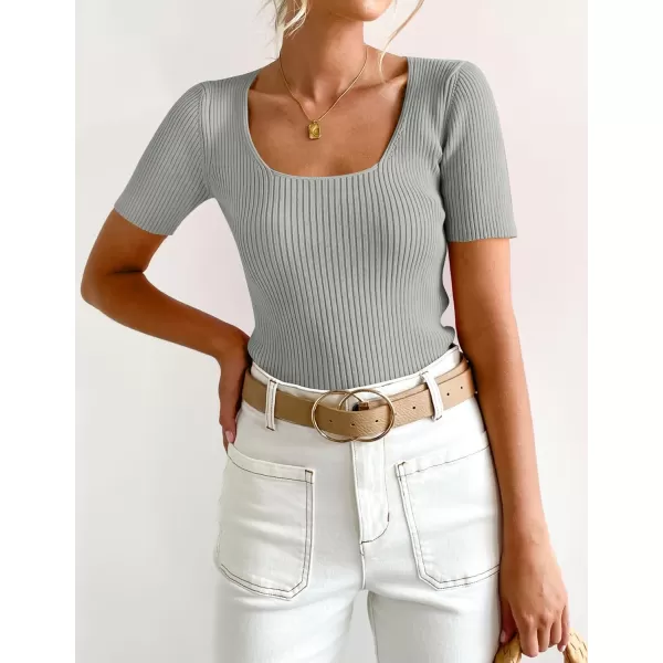 imageZESICA Womens 2023 Short Sleeve Square Neck T Shirts Slim Fitted Summer Ribbed Knit Basic Casual Tee TopsGrey