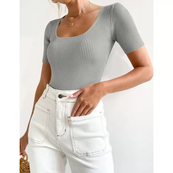 imageZESICA Womens 2023 Short Sleeve Square Neck T Shirts Slim Fitted Summer Ribbed Knit Basic Casual Tee TopsGrey