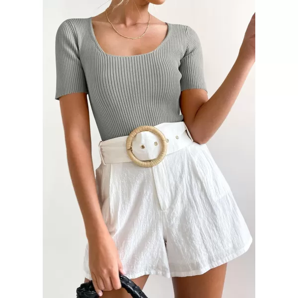 imageZESICA Womens 2023 Short Sleeve Square Neck T Shirts Slim Fitted Summer Ribbed Knit Basic Casual Tee TopsGrey