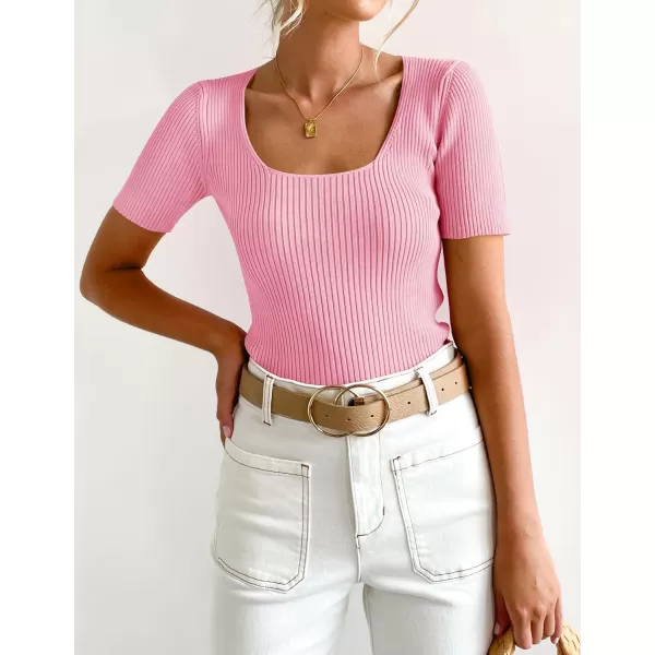 imageZESICA Womens 2023 Short Sleeve Square Neck T Shirts Slim Fitted Summer Ribbed Knit Basic Casual Tee TopsHotpink