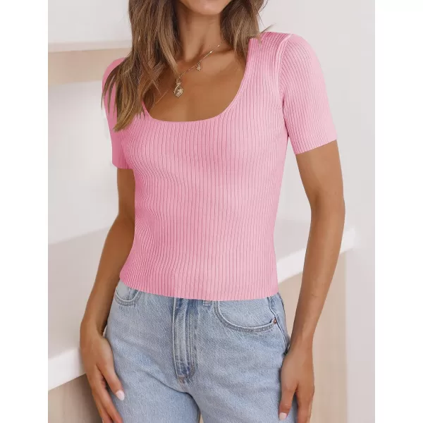 imageZESICA Womens 2023 Short Sleeve Square Neck T Shirts Slim Fitted Summer Ribbed Knit Basic Casual Tee TopsHotpink