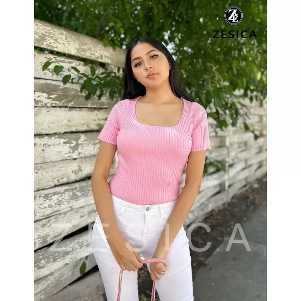 imageZESICA Womens 2023 Short Sleeve Square Neck T Shirts Slim Fitted Summer Ribbed Knit Basic Casual Tee TopsHotpink