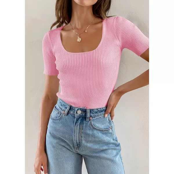 imageZESICA Womens 2023 Short Sleeve Square Neck T Shirts Slim Fitted Summer Ribbed Knit Basic Casual Tee TopsHotpink