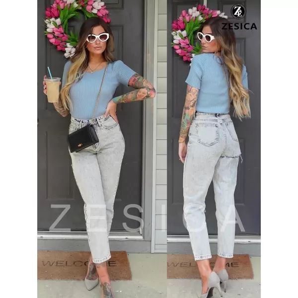 imageZESICA Womens 2023 Short Sleeve Square Neck T Shirts Slim Fitted Summer Ribbed Knit Basic Casual Tee TopsLightblue