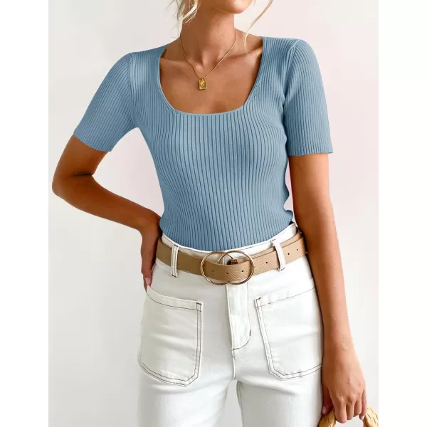 imageZESICA Womens 2023 Short Sleeve Square Neck T Shirts Slim Fitted Summer Ribbed Knit Basic Casual Tee TopsLightblue