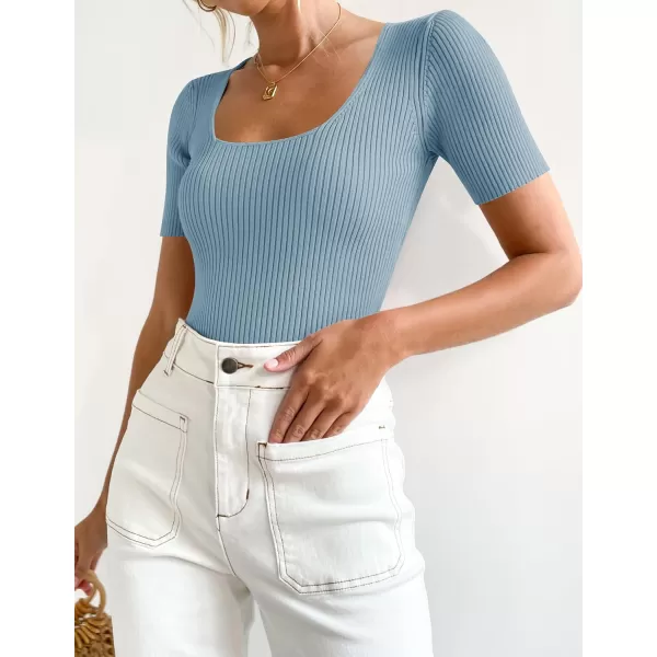 imageZESICA Womens 2023 Short Sleeve Square Neck T Shirts Slim Fitted Summer Ribbed Knit Basic Casual Tee TopsLightblue