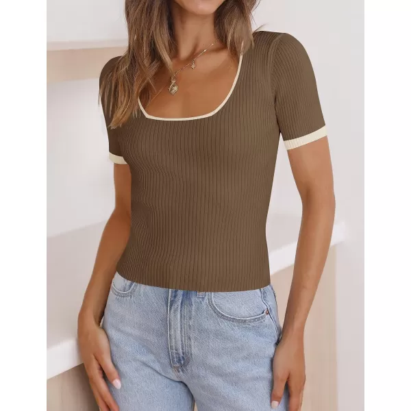 imageZESICA Womens 2023 Short Sleeve Square Neck T Shirts Slim Fitted Summer Ribbed Knit Basic Casual Tee TopsMocha