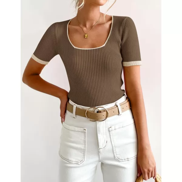 imageZESICA Womens 2023 Short Sleeve Square Neck T Shirts Slim Fitted Summer Ribbed Knit Basic Casual Tee TopsMocha