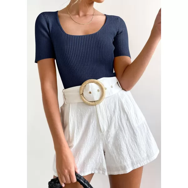 imageZESICA Womens 2023 Short Sleeve Square Neck T Shirts Slim Fitted Summer Ribbed Knit Basic Casual Tee TopsNavy