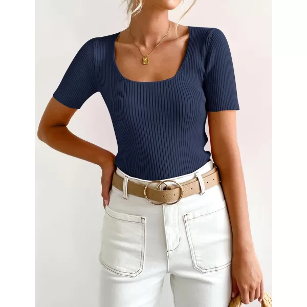imageZESICA Womens 2023 Short Sleeve Square Neck T Shirts Slim Fitted Summer Ribbed Knit Basic Casual Tee TopsNavy