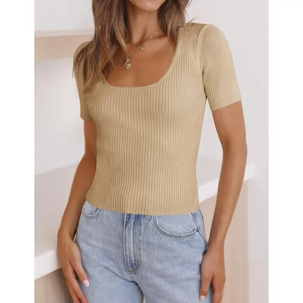 imageZESICA Womens 2023 Short Sleeve Square Neck T Shirts Slim Fitted Summer Ribbed Knit Basic Casual Tee TopsNude