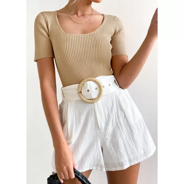 imageZESICA Womens 2023 Short Sleeve Square Neck T Shirts Slim Fitted Summer Ribbed Knit Basic Casual Tee TopsNude