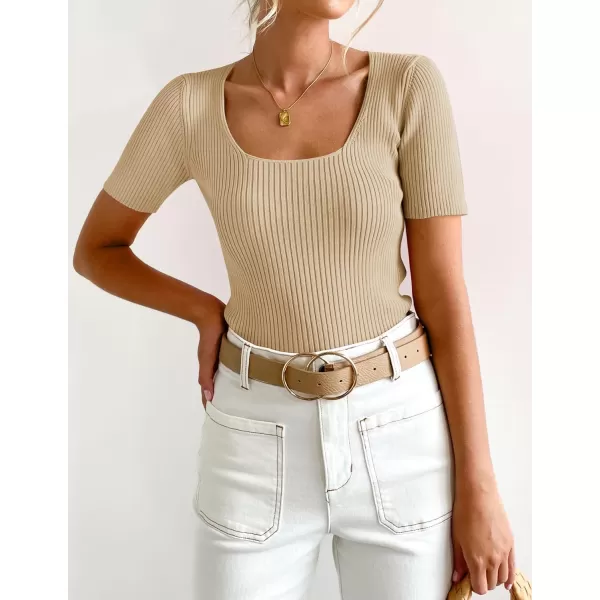 imageZESICA Womens 2023 Short Sleeve Square Neck T Shirts Slim Fitted Summer Ribbed Knit Basic Casual Tee TopsNude