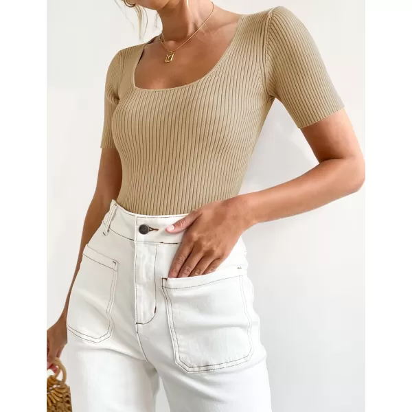 imageZESICA Womens 2023 Short Sleeve Square Neck T Shirts Slim Fitted Summer Ribbed Knit Basic Casual Tee TopsNude