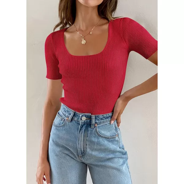 imageZESICA Womens 2023 Short Sleeve Square Neck T Shirts Slim Fitted Summer Ribbed Knit Basic Casual Tee TopsRed