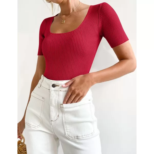 imageZESICA Womens 2023 Short Sleeve Square Neck T Shirts Slim Fitted Summer Ribbed Knit Basic Casual Tee TopsRed