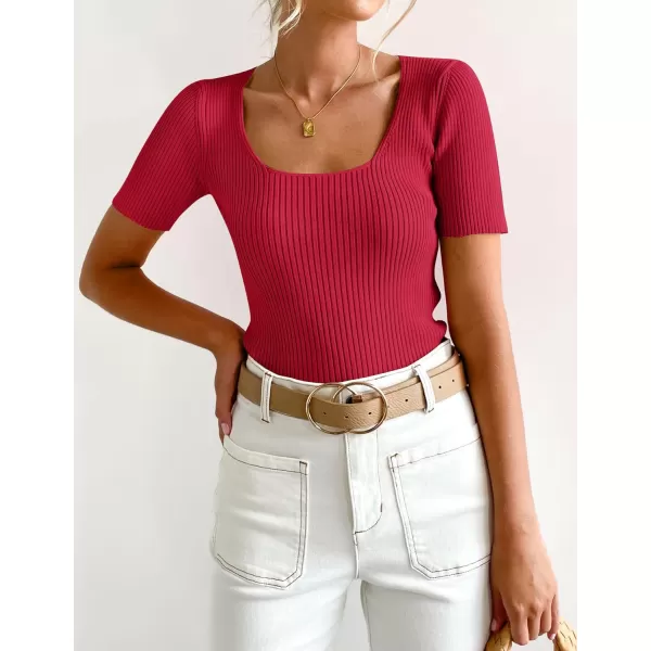 imageZESICA Womens 2023 Short Sleeve Square Neck T Shirts Slim Fitted Summer Ribbed Knit Basic Casual Tee TopsRed