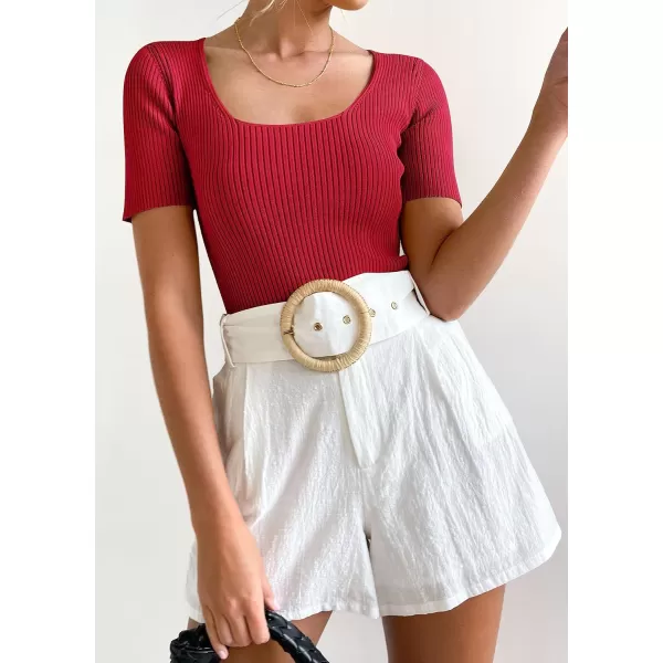 imageZESICA Womens 2023 Short Sleeve Square Neck T Shirts Slim Fitted Summer Ribbed Knit Basic Casual Tee TopsRed