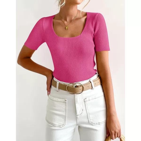 imageZESICA Womens 2023 Short Sleeve Square Neck T Shirts Slim Fitted Summer Ribbed Knit Basic Casual Tee TopsRose