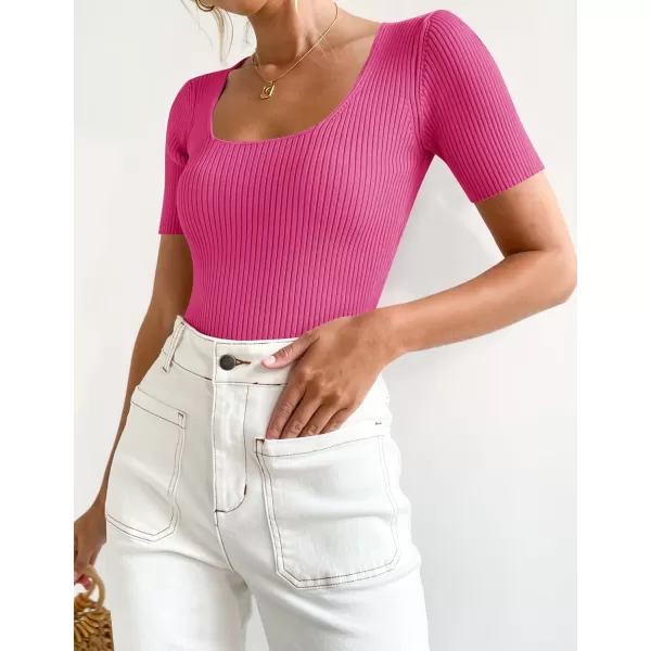 imageZESICA Womens 2023 Short Sleeve Square Neck T Shirts Slim Fitted Summer Ribbed Knit Basic Casual Tee TopsRose