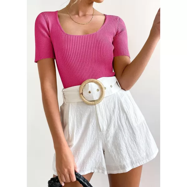 imageZESICA Womens 2023 Short Sleeve Square Neck T Shirts Slim Fitted Summer Ribbed Knit Basic Casual Tee TopsRose
