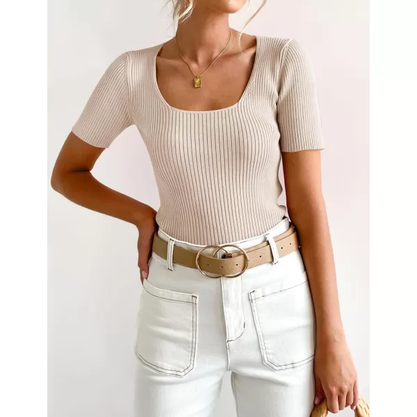 imageZESICA Womens 2023 Short Sleeve Square Neck T Shirts Slim Fitted Summer Ribbed Knit Basic Casual Tee TopsSand
